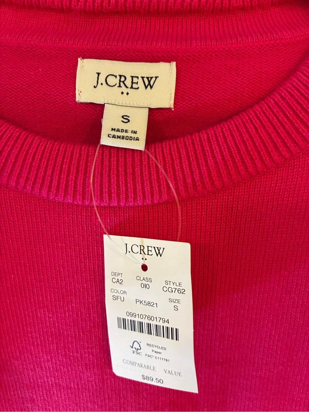 NEW! J. Crew Beach Fuchsia Bright Pink Crewneck Sweater S